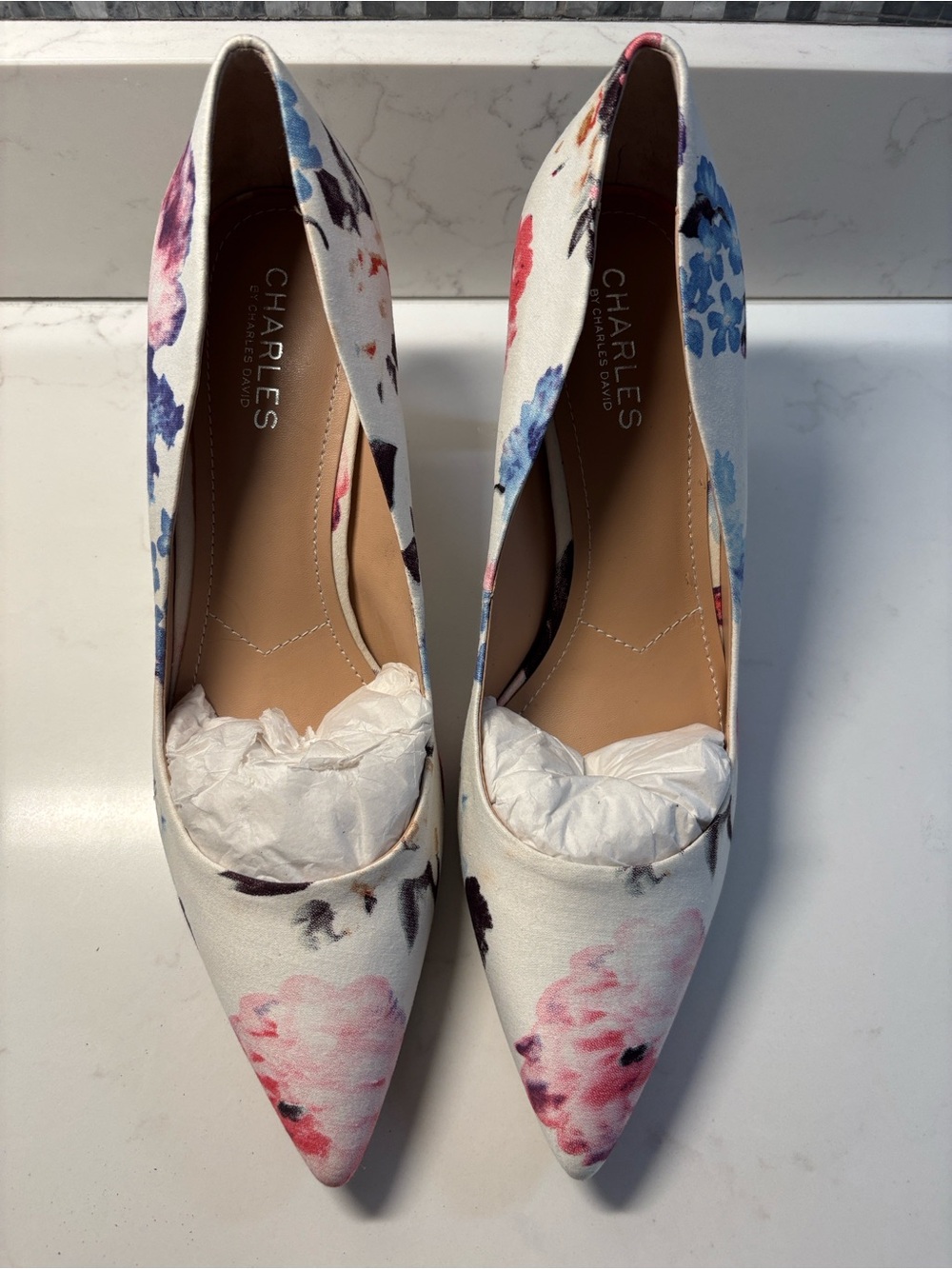 Charles by Charles David White Floral Pointed Toe Pumps with Pink & Blue Blooms